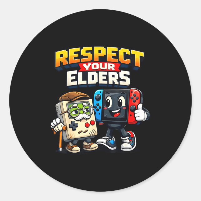 Adesivo Redondo Respect Your Elders Retro Gaming Funny Gamer Contr (Frente)