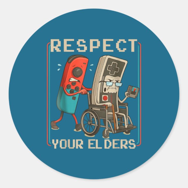 Adesivo Redondo Respect Your Elders Retro Gaming Funny Gamer Contr (Frente)