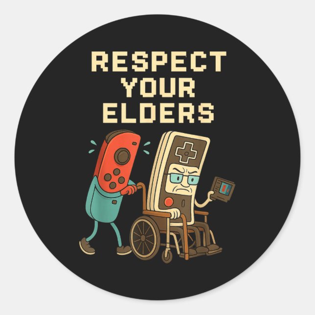 Adesivo Redondo Respect Your Elders Retro Gaming Funny Gamer Contr (Frente)
