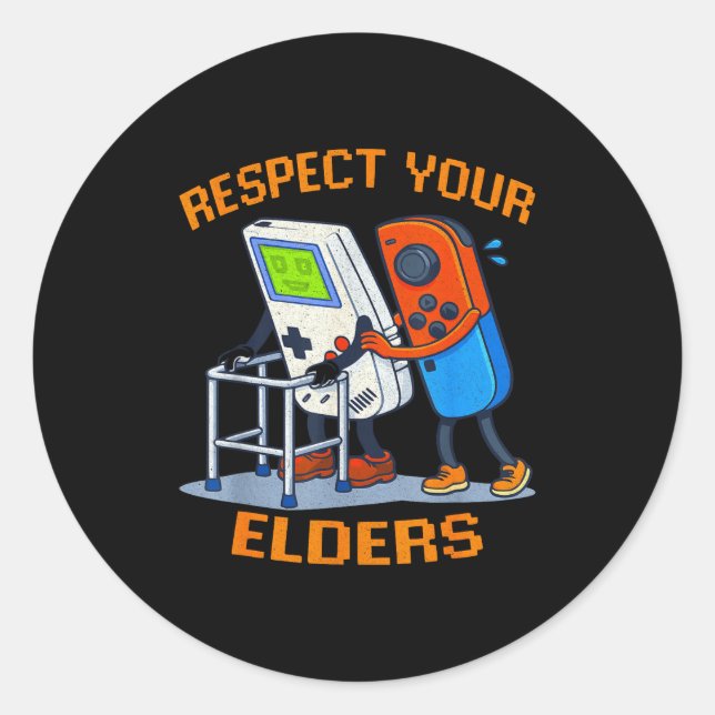 Adesivo Redondo Respect Your Elders Retro Gaming Funny Gamer Contr (Frente)