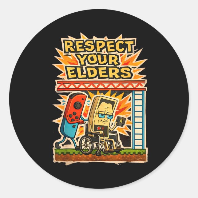 Adesivo Redondo Respect Your Elders Retro Gaming Funny Gamer Contr (Frente)