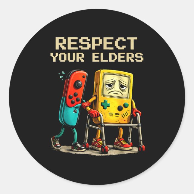 Adesivo Redondo Respect Your Elders Retro Gaming Funny Gamer Contr (Frente)