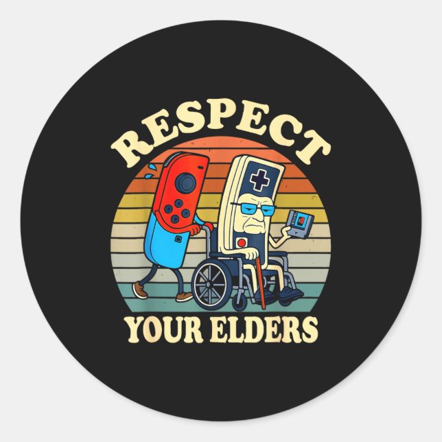 Adesivo Redondo Respect Your Elders Retro Gaming Funny Gamer Contr (Frente)