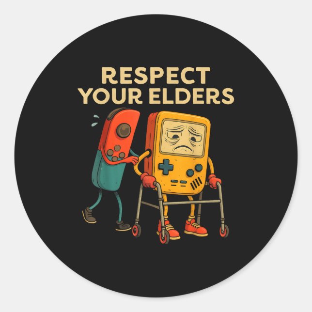 Adesivo Redondo Respect Your Elders Retro Gaming Funny Gamer Contr (Frente)