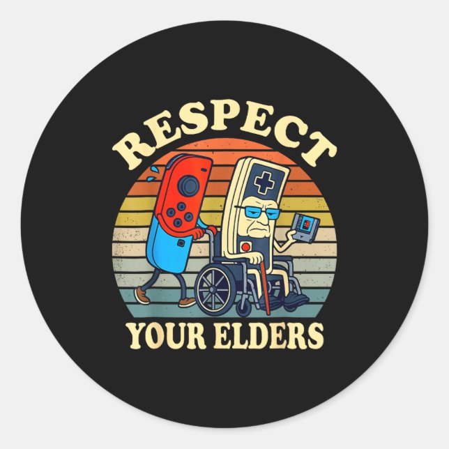 Adesivo Redondo Respect Your Elders Retro Gaming Funny Gamer Contr (Frente)