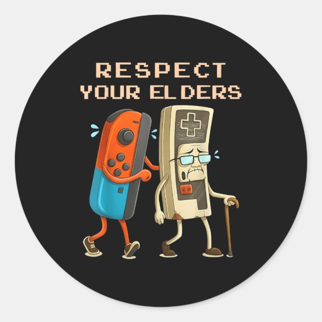 Adesivo Redondo Respect Your Elders Retro Gaming Funny Gamer Contr (Frente)