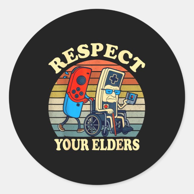 Adesivo Redondo Respect Your Elders Retro Gaming Funny Gamer Contr (Frente)