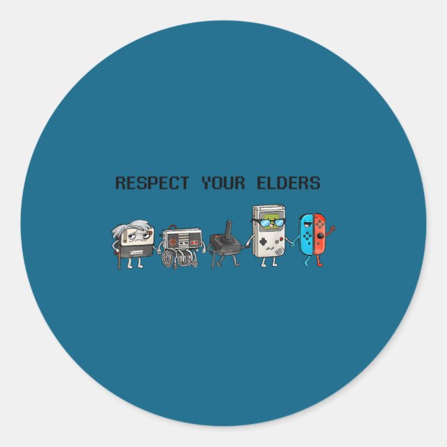 Adesivo Redondo Respect Your Elders Retro Gaming Funny Gamer Contr (Frente)