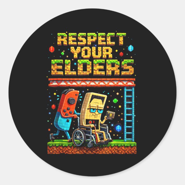 Adesivo Redondo Respect Your Elders Retro Gaming Xel Gamer Control (Frente)
