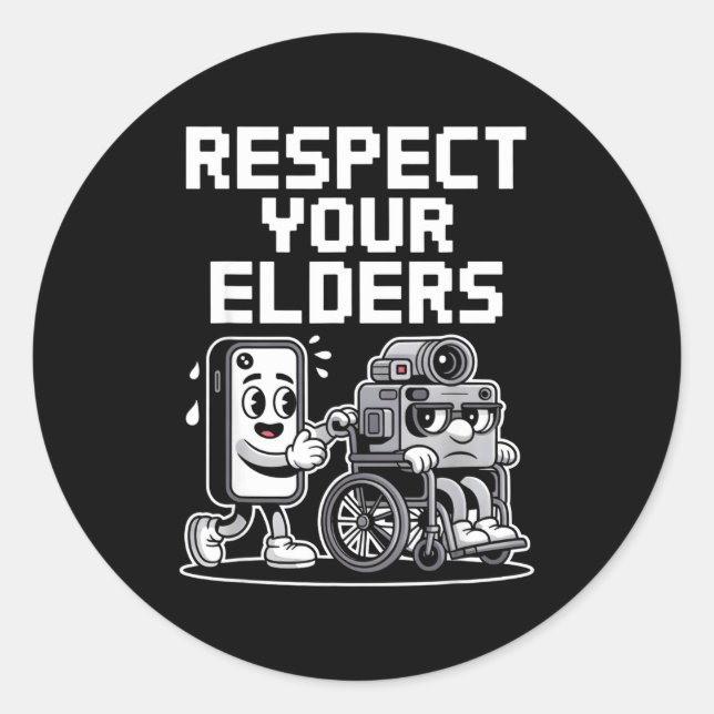Adesivo Redondo Respect Your Elders Retro Tech Camera Phone Cartoo (Frente)