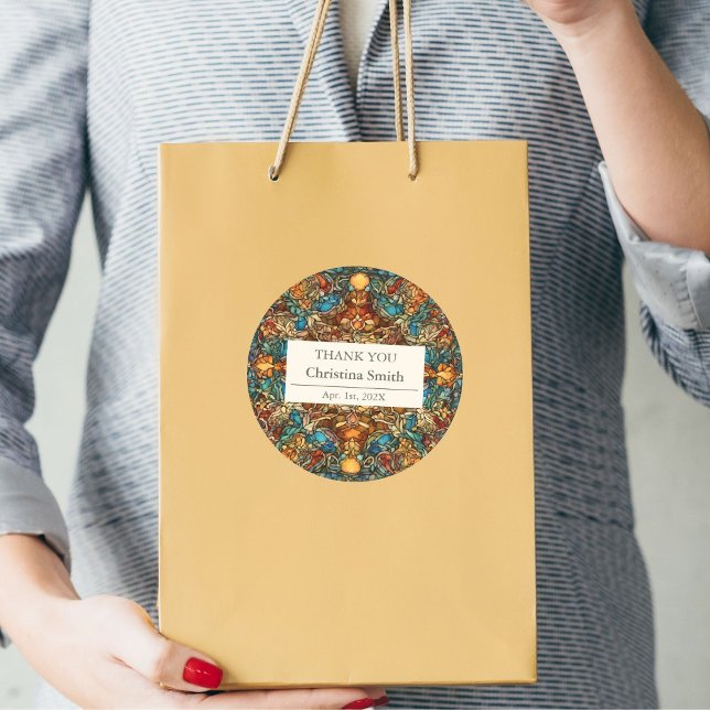 Adesivo Redondo Retirada Geométrica De Espanhol Mosaico Obrigado (Geometric Mosaic Staine Glass Retirement Thank You Classic Round Sticker)