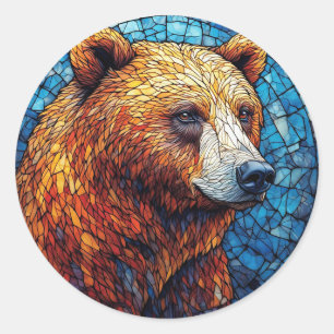 Adesivo Redondo Retrato Colorido de Urso em Arte de Vidro Estampad