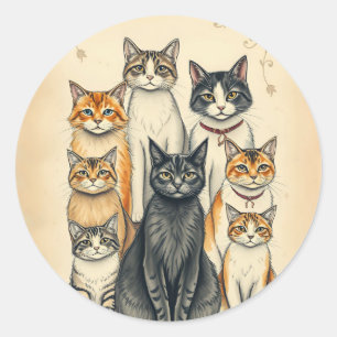 Adesivo Redondo Retrato da Família Cat Inspirado na Vintage