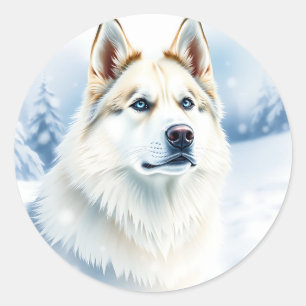 Adesivo Redondo Retrato de Aquarela do Husky Siberiano em Snowy