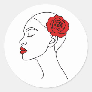 Adesivo Redondo Retrato de Arte em Linha da Mulher com Rosa vermel