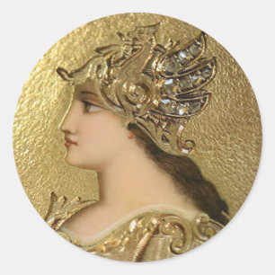ADESIVO REDONDO RETRATO DE ATHENA COM CAPACETE DOURADO E GRYPHONS