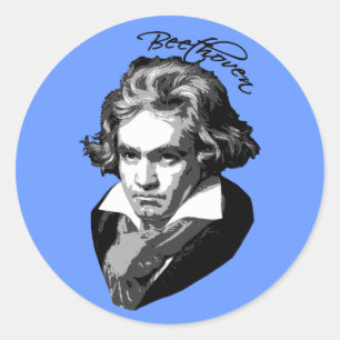 Adesivo Redondo Retrato de Beethoven em camisas de T, canecas,