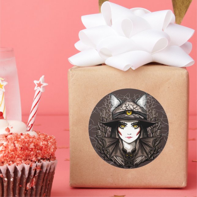 Adesivo Redondo Retrato de bruxas e bonitinho de Halloween (Festa)