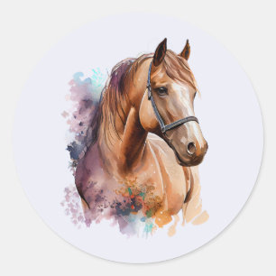 Adesivo Redondo Retrato de cabeça de cavalo marrom em aquarela