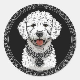 Adesivo Redondo Retrato de Cachorro Branco com Coleira de Corrente