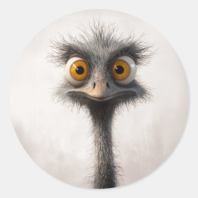 Adesivo Redondo Retrato De Cartoon De Ostrich De Olho Largo (Frente)