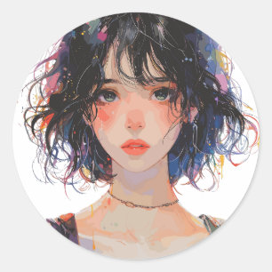 Adesivo Redondo Retrato de Garota Artística Japonesa