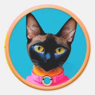 Adesivo Redondo Retrato de Gato Estilizado Com Cores Intensas
