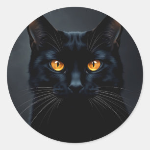 Adesivo Redondo Retrato de Gato Negro com Olhos Amarelos
