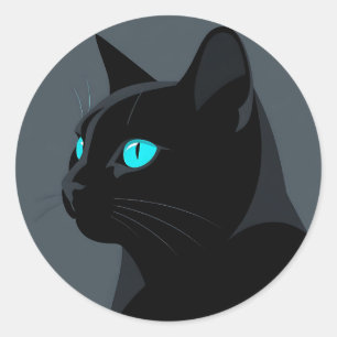 Adesivo Redondo Retrato de Gato Preto com Olhos Azuis