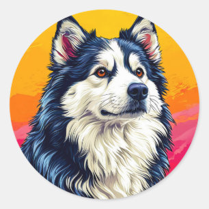 Adesivo Redondo Retrato de Husky Elegante com Pôr do Sol Vibrante