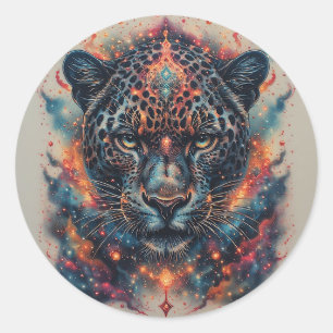 Adesivo Redondo Retrato de Leopardo Cósmico Com Efeito Místico