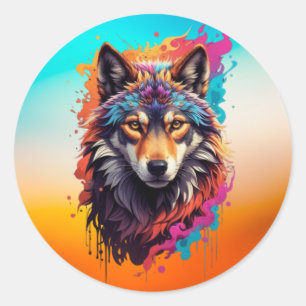 Adesivo Redondo Retrato de Lobo Colorido Arte Abstrata de Animal-8