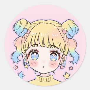 Adesivo Redondo Retrato de Menina Estrela Pastel Kawaii