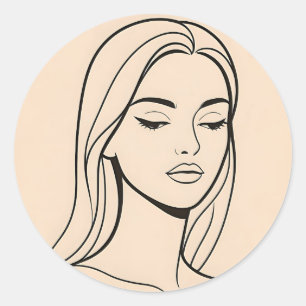 Adesivo Redondo Retrato de Mulher em Arte Linear Minimalista Elega