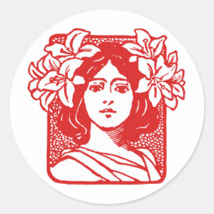 Adesivo Redondo Retrato de Nouveau da arte da mulher com lírios