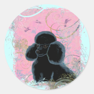 Adesivo Redondo Retrato de Poodle Negro com Hummingbird.
