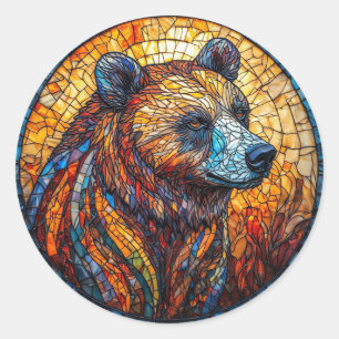 Adesivo Redondo Retrato de Urso Colorido em Arte de Vidro Estampad