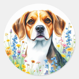 Adesivo Redondo Retrato do Beagle em Aquarela com flor selvagem vi