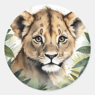 Adesivo Redondo Retrato do Leão de Bebê Bonito na Selva Minimalist