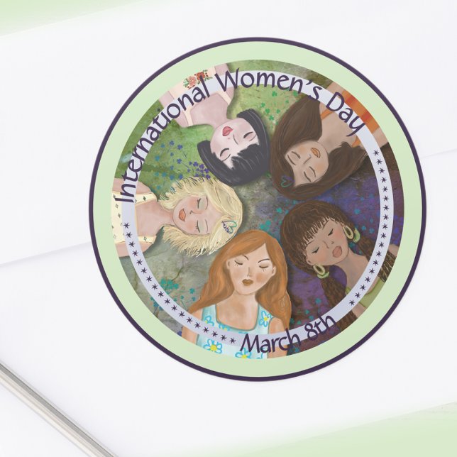 Adesivo Redondo Retrato multiétnico do Dia Internacional da Mulher (International Women's Day multi-ethnic portrait Classic Round Sticker

)