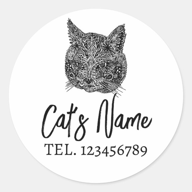 Adesivo Redondo Retrato Ornamental de Gato Negro e Branco (Frente)