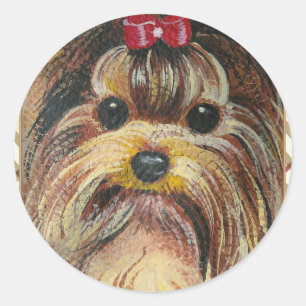 Adesivo Redondo Retrato Yorkie na Xadrez