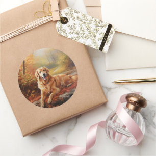 Adesivo Redondo Retriever de ouros no outono Folhas caem inspiraçã