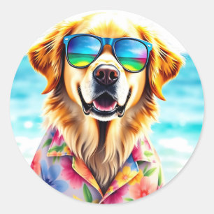Adesivo Redondo Retriever de Ouros Prontos para Praia no Watercolo