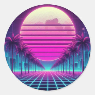 Adesivo Redondo retrô, 80 anos lua neon/palmas