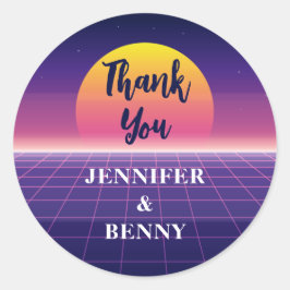 Adesivo Redondo Retro 80s Neon Purple Synthwave Sunset Obrigado