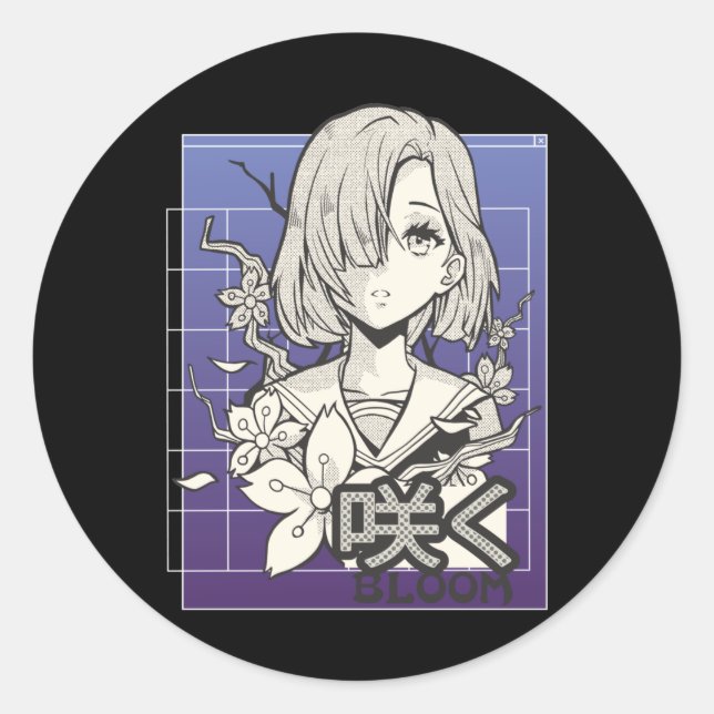 Adesivo Redondo Retro Anime Girl Otaku Manga Comic Teen Japonês (Frente)