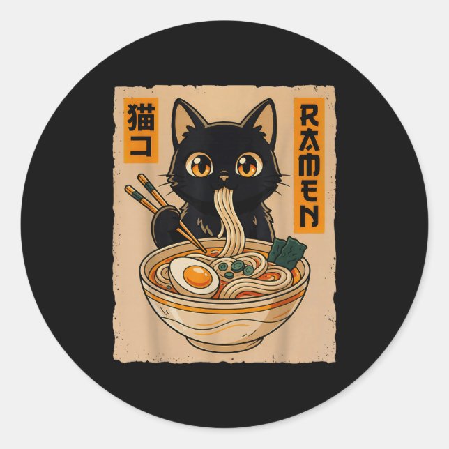 Adesivo Redondo Retro Anime Kawaii Black Cat Eating Ramen Noodles  (Frente)