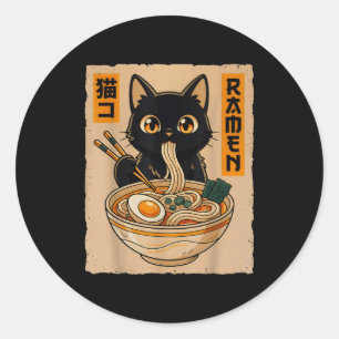 Adesivo Redondo Retro Anime Kawaii Gato Preto Comendo Macarrão Ram
