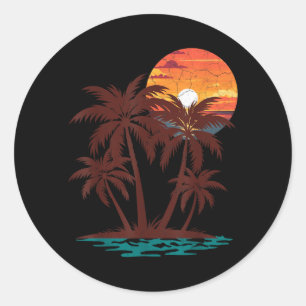 Adesivo Redondo Retro anos 70 80 Praia Pôr do sol Árvore Palmeira